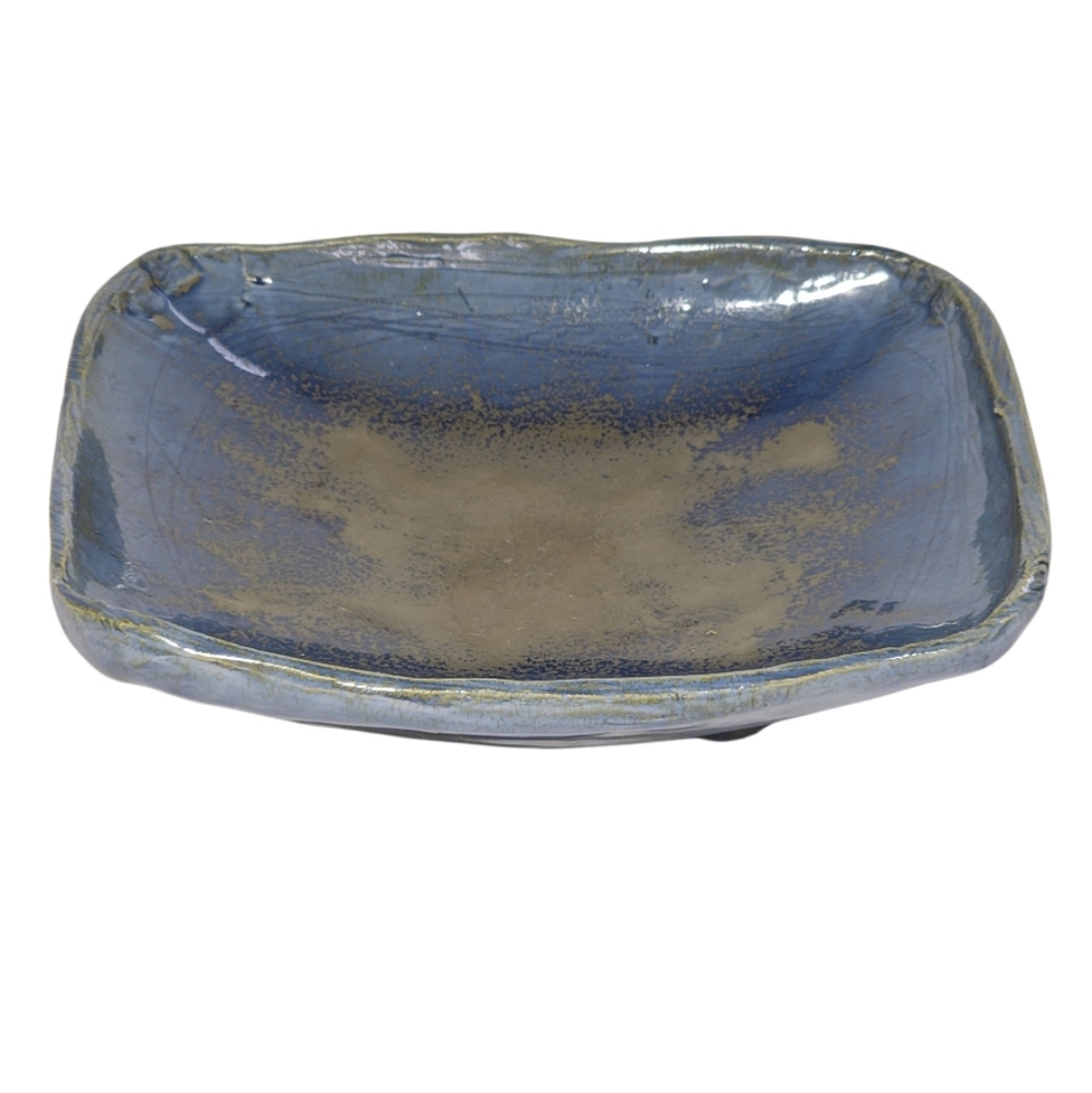 Vtg Large Pottery Soap Dish Trinket Tray Blue Tan Footed Hand Crafted Bowl 7"